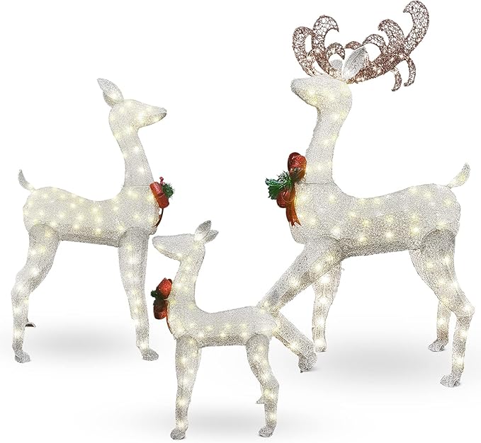 AWQM 3-Piece Lighted Christmas Reindeer, Christmas Deer Family Set with Red Bow, 50+80+100 LED Lights, Indoor or Outdoor Christmas Holiday Decoration for Yards Garden Lawn Patio Light Up Display,White