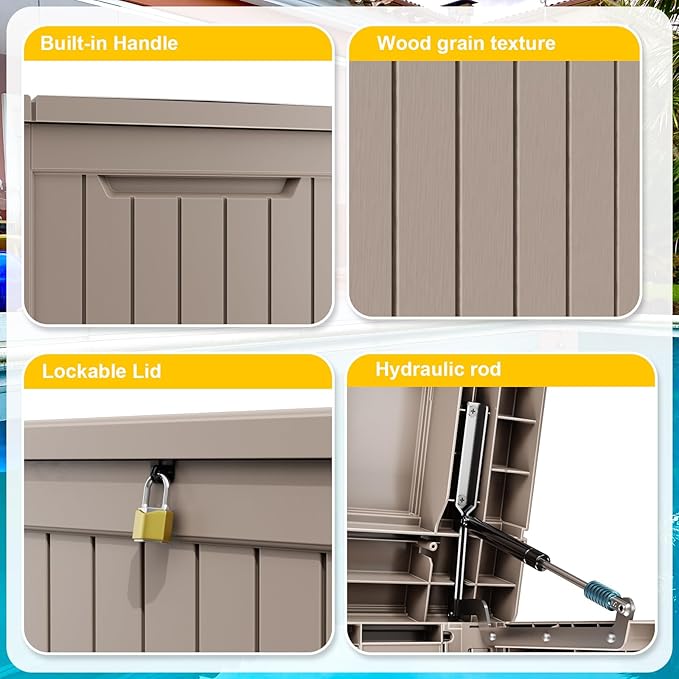 Deck Box - 230 Gallon Large Outdoor Storage box,Waterproof Patio Furniture and Storage Deck - Lockable and UV Resistant, Perfect for Pool and Outdoor Use, Weatherproof Resin, Lockable (Light Brown) -