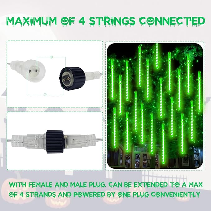 2-Pack Christmas Lights Outdoor, Extendable Meteor Shower Lights 16 Tubes 384 LEDs Indoor Outdoor, Waterproof Falling Rain String Lights with Timer for Christmas Decor Tree Roof Garden Patio(Green)