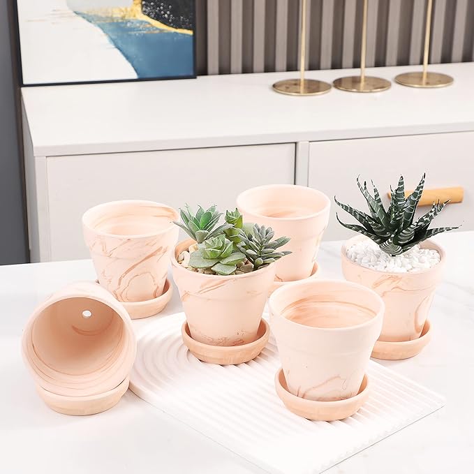 Terra Cotta Pots with Saucer - 6-Pack Small Terracotta 4'' Clay Ceramic Planter Great for Cacti & Succulents with Drainage Hole