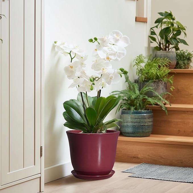 Ceramic Plant Pots - 10 Inch Plant Pot with Drainage Hole and Saucer, Round Planter for Indoor Outdoor, Modern Decorative Large Flower Pots, Home Room Garden Decor, Plants Lovers Gifts, Red