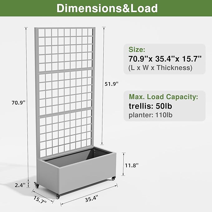 Casaphoria Metal Raised Garden Bed with Trellis and Wheels, 72"x35"x16" Planter Box for Climbing Plants, Vegetables & Vines, Features Drainage Holes and Privacy Screen (Gray-Square)