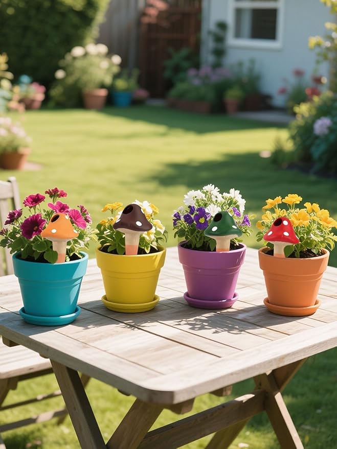 4Pcs Plant Watering Globes, Kalolary Self Watering Spikes Terracotta Drip Water Stakes Irrigation Watering Bulbs for Pot, Indoor, Outdoor, Vacation (Mushroom)