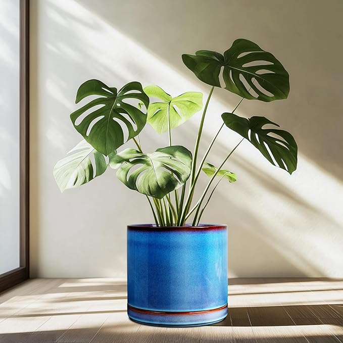 EFISPSS 10 Inch Plant Pot, Ceramic Large Planter for Outdoor Plants, Plant Pots with Drainage Hole and Saucers, Modern Flower Pot for Home Garden Patio Office - Blue