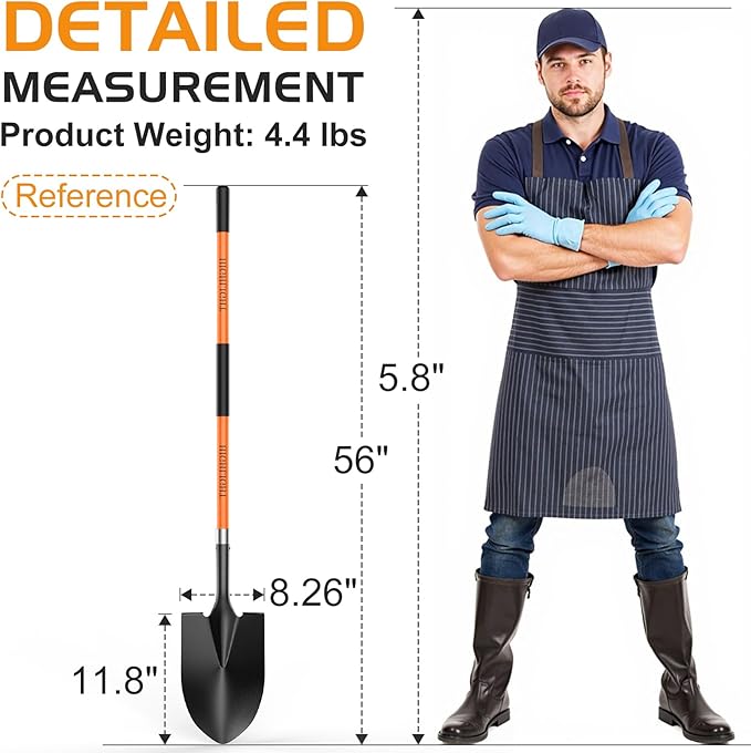 HIGHLIGHT Spade, Heavy Duty Gardening Shovel, Garden Shovel 56 inch for Digging, Round Shovel with D-Handle, for Garden,Beach, Snow, Fiberglass Handel, Orange