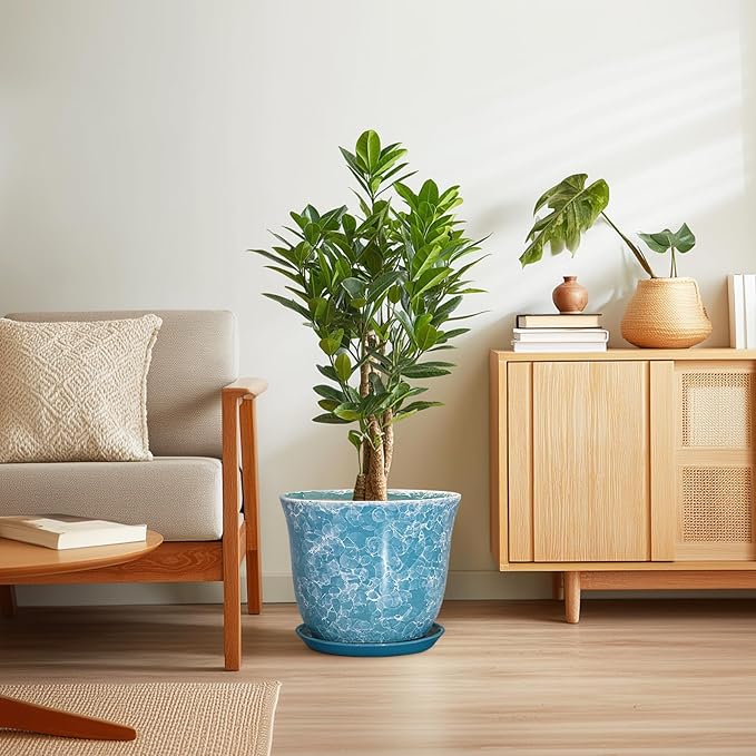 12 Inch Pots for Plants - Ceramic Planter with Drainage Hole and Saucer, Round Large Plant Pot for Indoor Outdoor, Modern Decorative Planters, Home Apartment Decor, House Warming Gift, Blue
