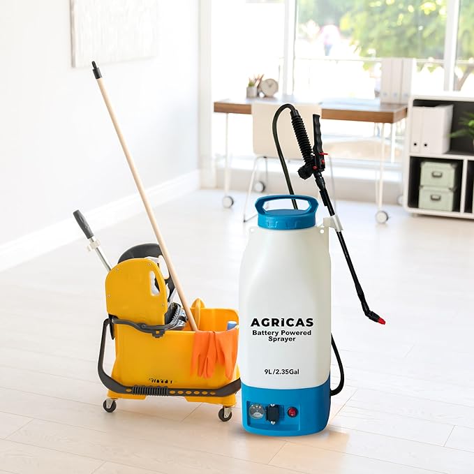 Battery Powered Sprayer 2.35 Gallon, Electric Garden Sprayer for Weed/Pest Control, 6 Nozzles, 50 PSI Pressure, Telescopic Wand, Shoulder Strap, Long-Lasting 12V Battery