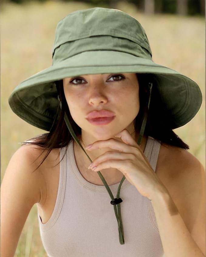 Sun Hats for Women Gardening Hat Wide Brim Ponytail Beach Sun Protection Breathable Cotton Summer Hat with Fold-Up Brim