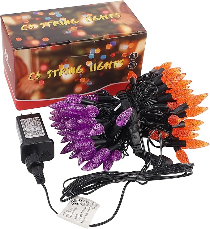 WATERGLIDE Halloween C6 String Lights, 33ft 100 LED Black Wire Fairy Lights with 29V Safe Adaptor, 8 Lighting Mode, Waterproof for Indoor Outdoor Patio Xmas Tree Party Decor, Orange & Purple
