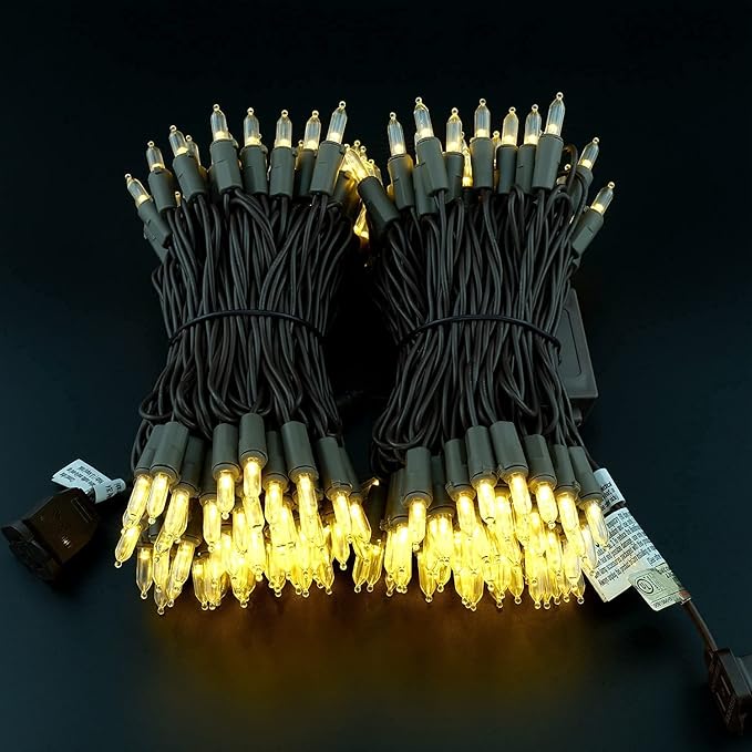 YULETIME 200 Warm White LED Christmas Lights, 66 Feet Brown Wire UL Certified Commercial Grade Holiday String Light Set