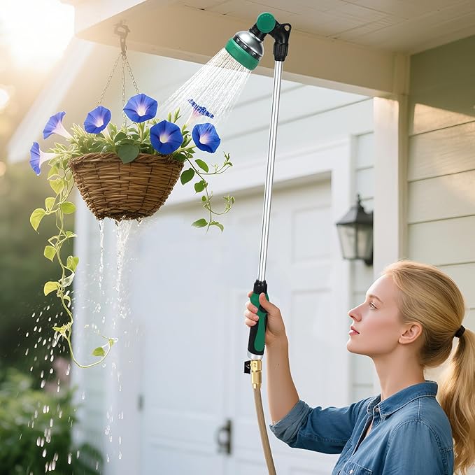 Watering Wand for Garden Hose, 30 Inch, 10 Spray Patterns, Thumb Control Garden Hose Nozzle, Adjustable Water Sprayer with Pivoting Head, Ideal for Hanging Baskets, Plants, and Shrubs, Green