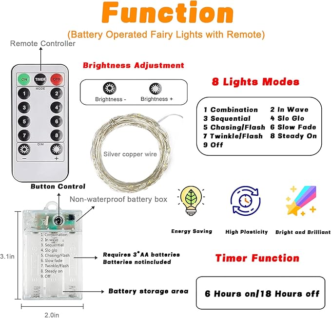 6 Pack 60LED Christmas Battery Operated Fairy Lights with Remote, 8 Modes String Lights with Timer, Dimmable, Memory Function, Waterproof Twinkle Lights for Outdoor Indoor Christmas Decor(Cool White)