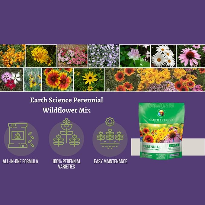 Earth Science Perennial Wildflower Mix—6 lb—3-in-1 Formula with Premium Wildflower Seeds, Plant Food and Soil Conditioners - Non-GMO, Natural Ingredients