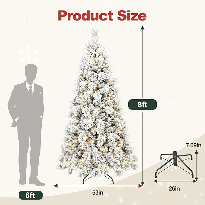 8 Ft Pre-Lit Snow Flocked Artificial Christmas Tree with 600 Warm LED Lights, Premium Holiday Xmas Tree with 1445 Realistic Branch Tips, Metal Stand for Indoor Home/Office Decor (Easy Assembly)