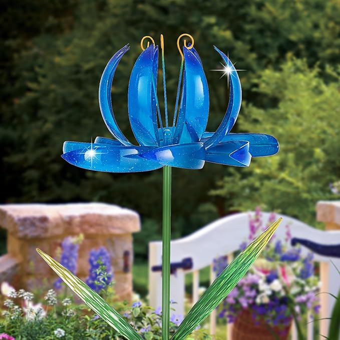 Wind Spinners Outdoor Garden Decor, 47 inch Metal Wind Sculptures Garden Gifts for Mom, Lotus Flower Windmills for Yard Backyard Lawn Decorations