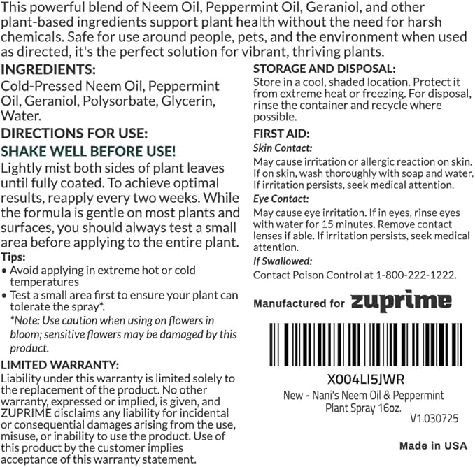 Nani’s Neem and Peppermint Oil Spray 16 Fl.oz. (Made in USA) – 100% Cold-Pressed Organic Neem Oil Spray for Plants – Natural Leaf Shine & Care – Ready to Use for Indoor Plants & Outdoor Gardens