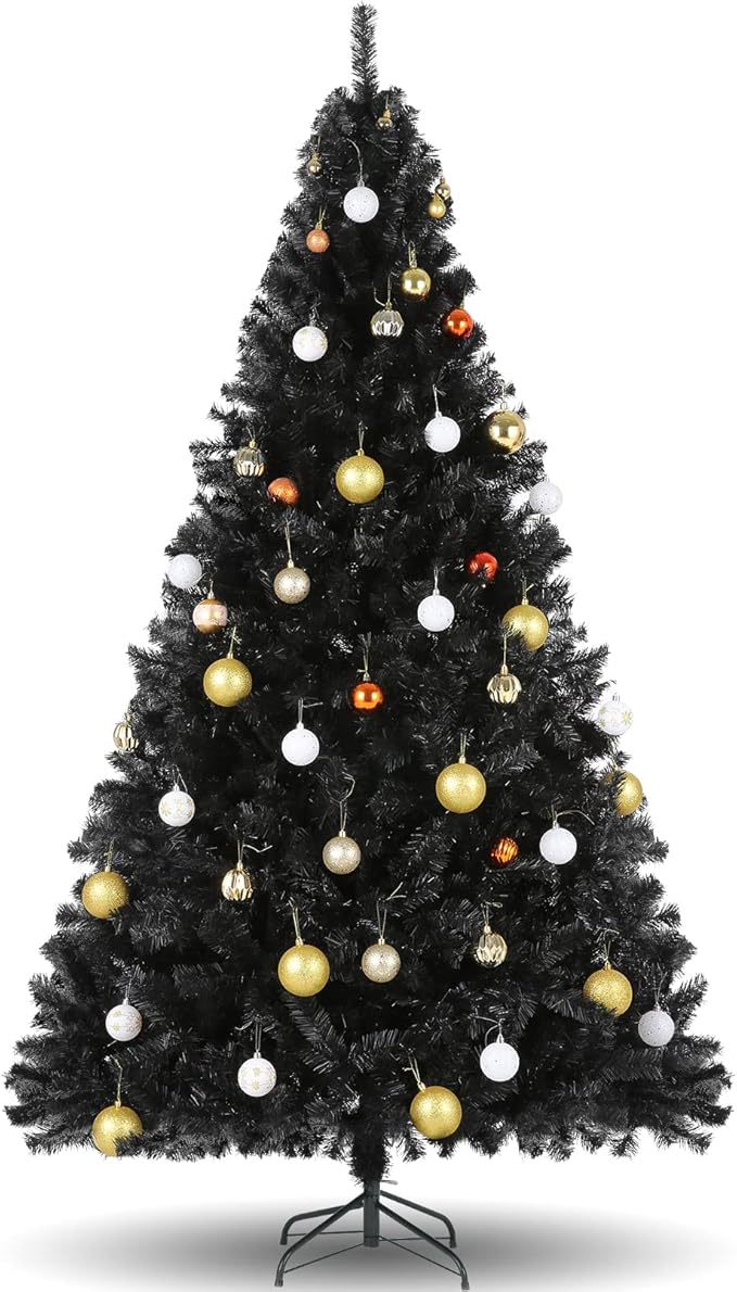 6FT Unlit Halloween Black Artificial Christmas Tree for Holiday Decoration, Premium Hinged Spruce Xmas Tree with 800 Branch Tips and Foldable Metal Stand for Home, Office, Party