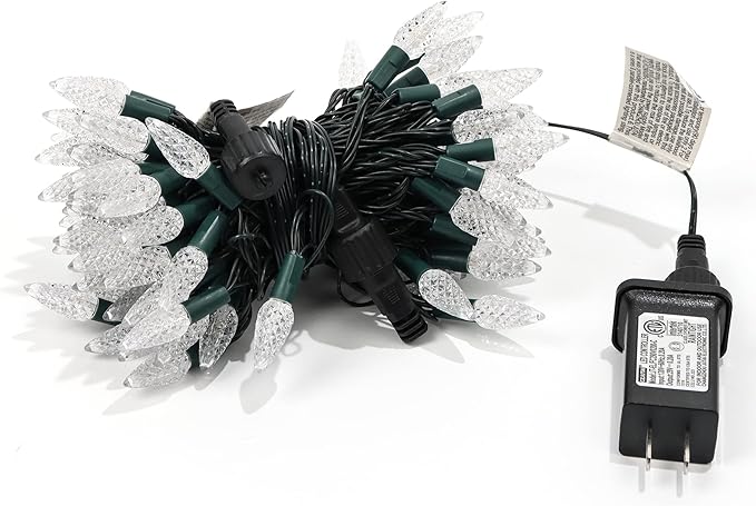 WATERGLIDE C6 Christmas Lights, 33ft 100 LED Faceted String Lights Green Wire Fairy Lights with 29V Safe Adaptor, 8 Lighting Mode, Waterproof for Indoor Outdoor Patio Xmas Tree Party Decor, Warm White