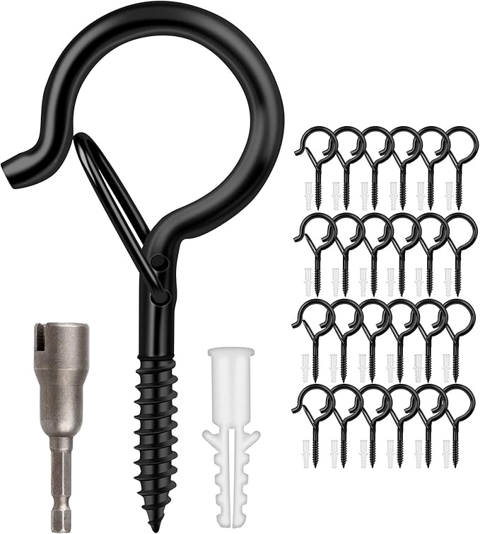 24 PCS Q-Hanger Hooks, Screw Hooks for Outdoor String Lights, Safety Buckle Design Cup Eye Hook for Hanging Christmas Lights, Plants, Wind Chimes, Mounted on Wall Ceiling, Include 1 Wing Nut Driver