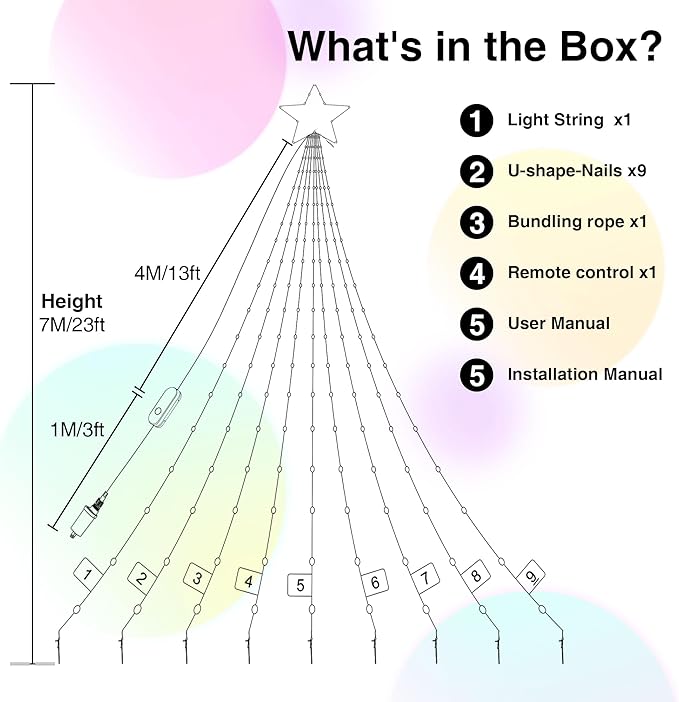 23FT RGB Color Changing Outdoor Christmas Decorations Hanging Waterfall String Lights with Star, APP&Remote Control, Music Sync, DIY Scenes, Waterproof LED Lights for Trees, Roof, Yard&Holiday Decor