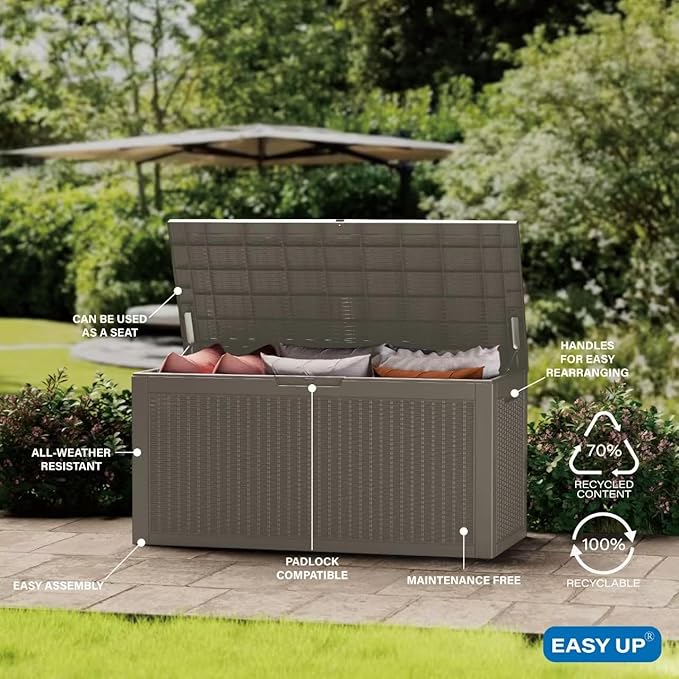 EasyUp 102 Gallon Outdoor Storage Box Waterproof, UV Resistant Resin Deck Box with Hydraulic Rod, Lockable Design and Enhanced Durability for Patio, Garden, and Poolside Use