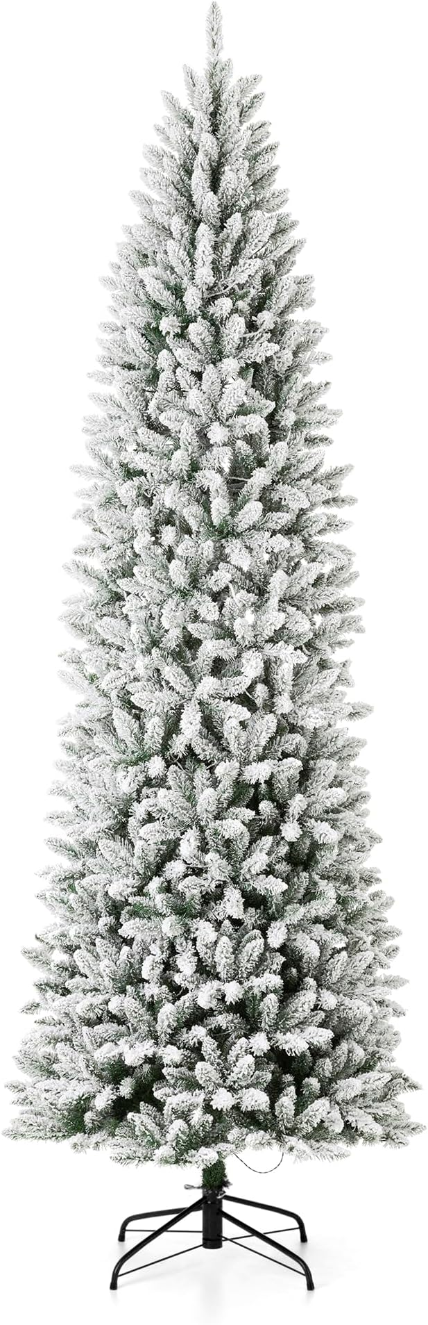 Glitzhome 9ft Pre-Lit Artificial Christmas Tree, Snowy Splendor Fir Hinged Holiday Christmas Tree Flocked Pencil Xmas Tree with 600 Warm White Lights for Home, Office, Party Decoration