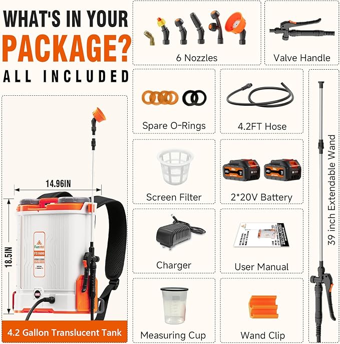 Battery Powered Backpack Sprayer 4.2Gallon, 45-90PSI Adjustable Pressure, 6 Hours Long Battery Life, Electric Backpack Garden Sprayer with 6 Spray Nozzles for Lawn, Garden, Yard