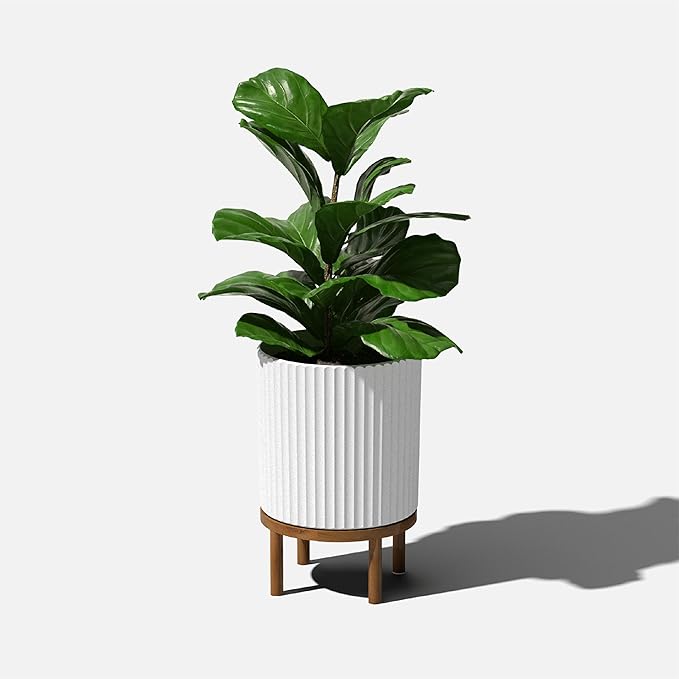 Veradek Demi Series Round Planter w/ Stand for Porch/Patio | Durable Plastic-Concrete & Wooden Stand | Modern Décor for Tall Plants, Flowers