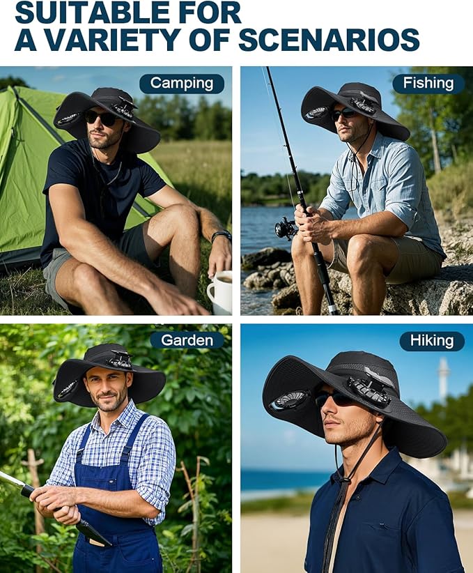 Wide Brim Sun Hat with 2 Solar Fan, Sun Bucket Hat for Men Women, UPF 50+ Bucket Fishing & Beach Hat with Fan