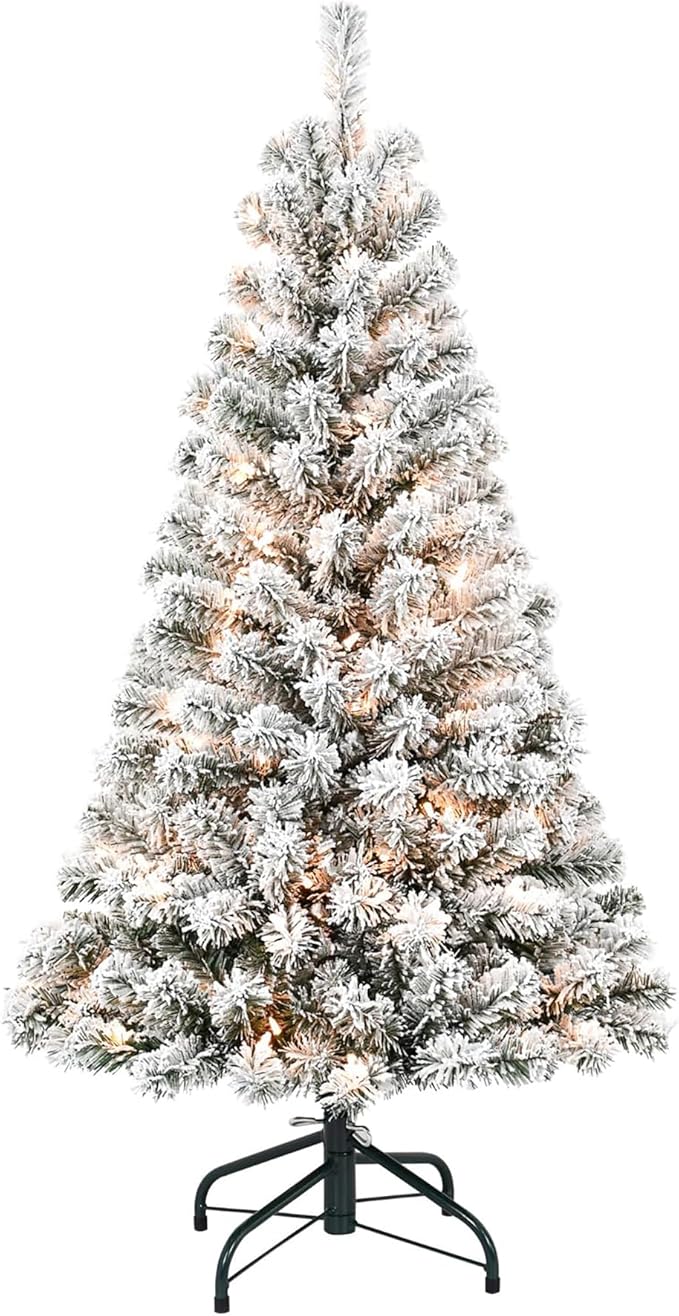 4FT Pre-Lit Flocked Christmas Tree with 100 Warm White Lights, Full White Christmas Tree with Premium PVC Branches,Realistic Snowy Look, Indoor Fake Snow Xmas Tree for Home Office Shops