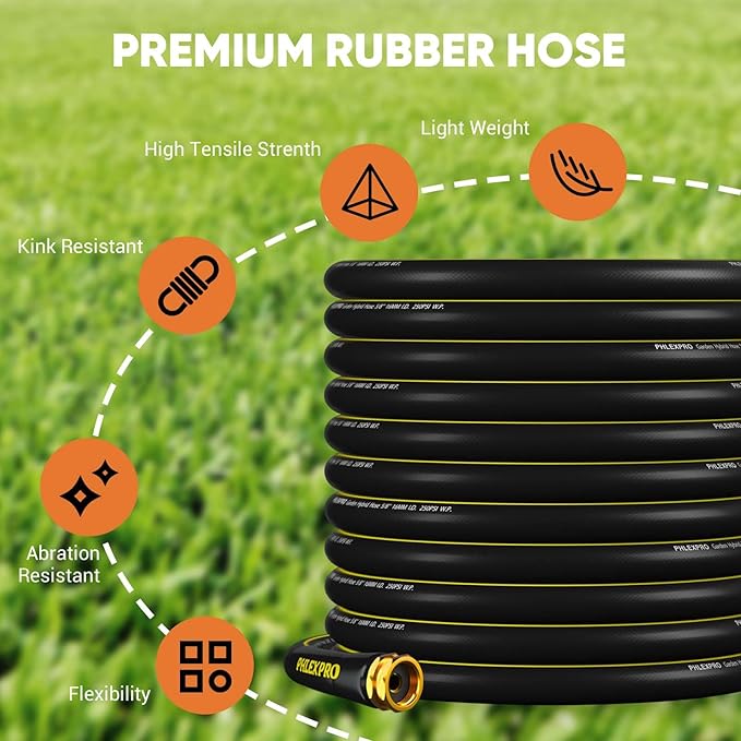 Garden Hose 50FT with 10 Pattern Spray Nozzle - PHLEX PRO Heavy-Duty Premium 5/8'' Rubber 3-Layer Water Hose - Innovation Flexible Hybrid Lightweight Water Hose, Full Brass Fittings (RyobiGreen)