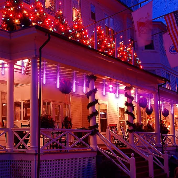 Kwaiffeo Halloween Lights, 24 Tubes Meteor Shower Light(Equivalent to 3 Sets of 8-Tube) for Halloween Christmas Decorations Outdoor, Purple Lights for Xmas Party Yard Tree Decor, UL Plug