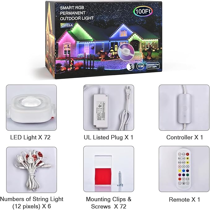 Permanent Outdoor Lights, RGB+IC 100FT Smart LED Eaves Lights,72 Color-Changing Waterproof Lights with 63 Scene Modes,APP & Voice Control, Ideal for Christmas, Halloween, Parties, and Holiday Décor
