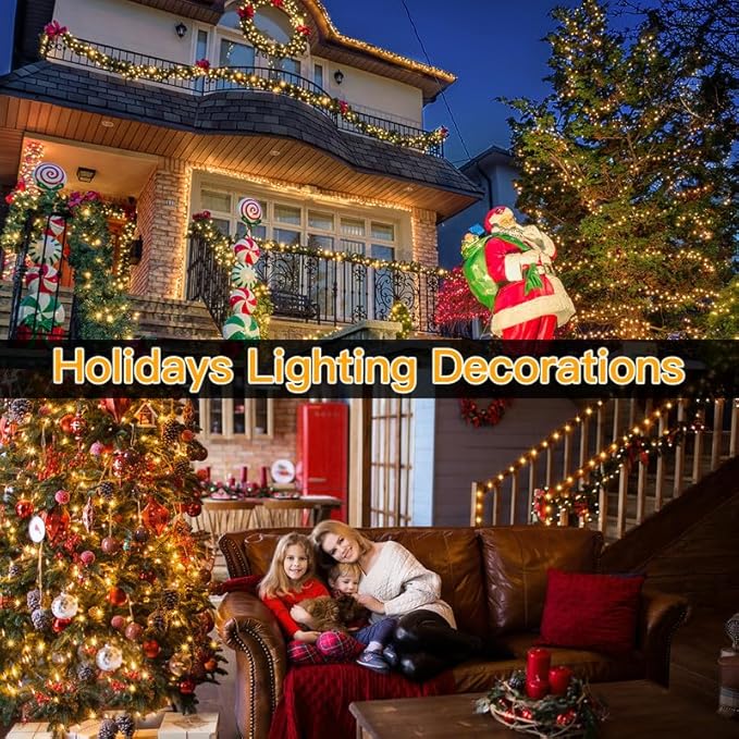 Ollny 198 FT 600 LED Outdoor Waterproof Plug in Christmas Tree Lights with 8 Modes Remote Timer, String Lights for House Yard Outside Indoor Xmas Decorations Warm White