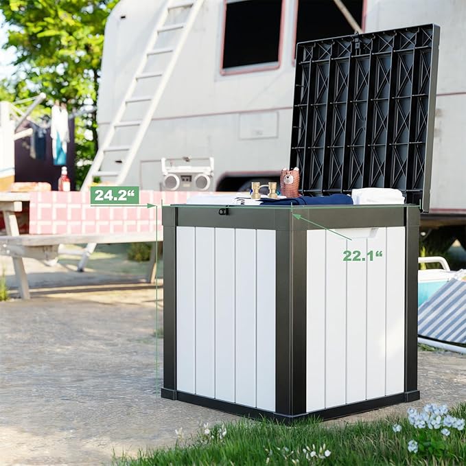 DRATO 50 Gallon Deck Box, Outdoor Storage Box for Patio Cushion, Garden Tools, Waterproof Patio Storage box, Lockable (Black and White)