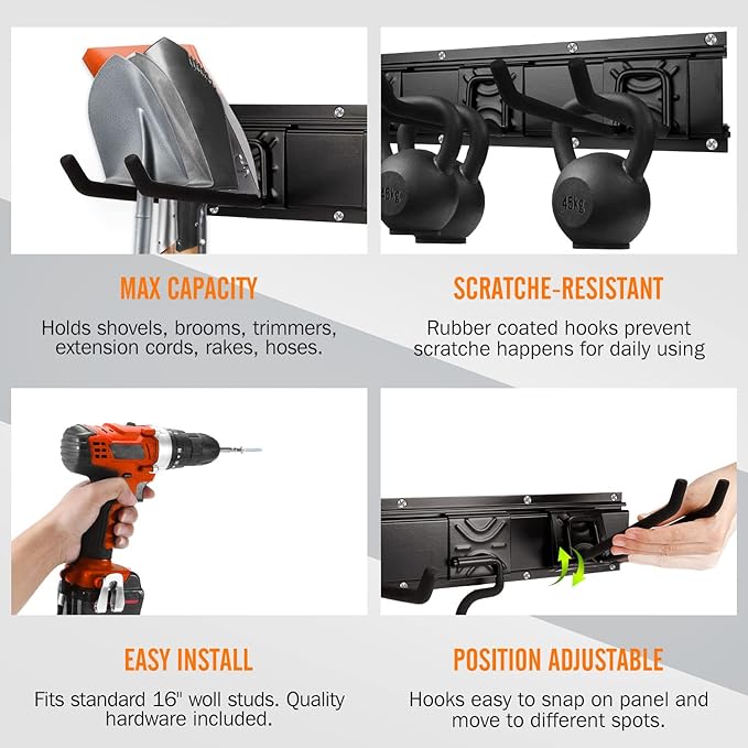 Tool Rack Kits, Garage Wall Organization Hanger with 1 Mop Hook and two 8-inch Multi-Purpose Hooks, Garden Yard Shovels Rakes for String Hedge Trimmer Brooms Hoses Folding Chairs ladders, and More