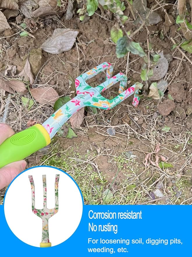 Pruning Shears, Large Soil Shovel, Dirt Rake, Gardening Daily Loosening and Pruning, Non-Slip and Durable, Gift for Men and Women(Gardening Tools Aluminum Set)(Lime Green Flower 3 PCS Tool)