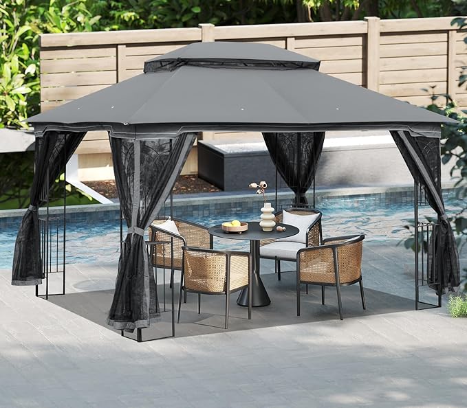 ECOTOUGE 10' X 13' Outdoor Gazebo, Soft Double Roof Canopy Tent with Mosquito Netting, Party Tent Shelter with Corner Frame Shelves for Patio, Backyard, Deck, Grey