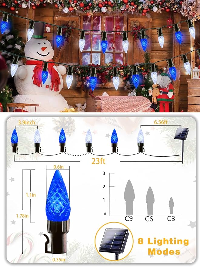 C6 Solar Christmas Lights Outdoor, 50 LED 16FT Christmas Decorations Outdoor Waterproof, Solar String Lights for Outside with 8 Modes, Fairy Twinkle Light for Tree Garden Xmas Decor (White and Blue)