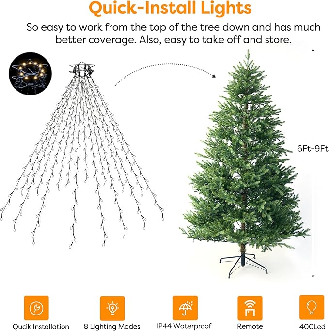 Christmas Tree Lights Christmas Lights Outdoor Indoor WarmWhite 400Led 10 Lines with 8 Light Modes, Timer and Remote Control, Waterfall Lights for Wedding Home Party 6Ft-9Ft Xmas Tree Decorations
