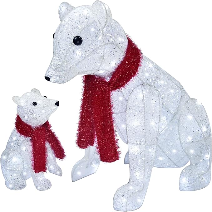 Lighted Polar Bear Family 2PCS - Large All-Weather Pre-Lit Outdoor Christmas Décor for Front Yard and Lawn with 140 Pre-Strung LED Lights, Zip Ties, Extension Cord, and Ground Stakes - Red/White