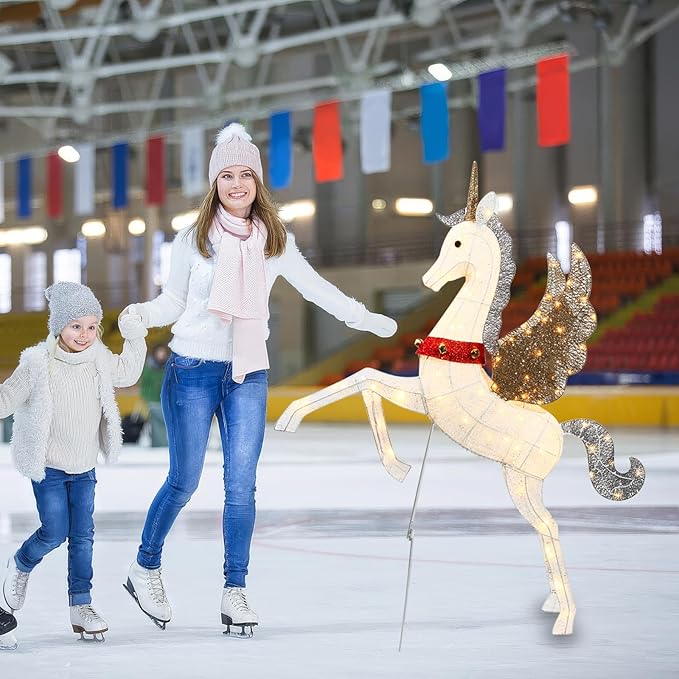 4.7ft Lighted Unicorn Outdoor Christmas Decorations for Yard Lawn Garden, Large 3D Weatherproof Light up Unicorn with 140 LED Lights, Ground Stakes Zip Ties, Outside Indoor