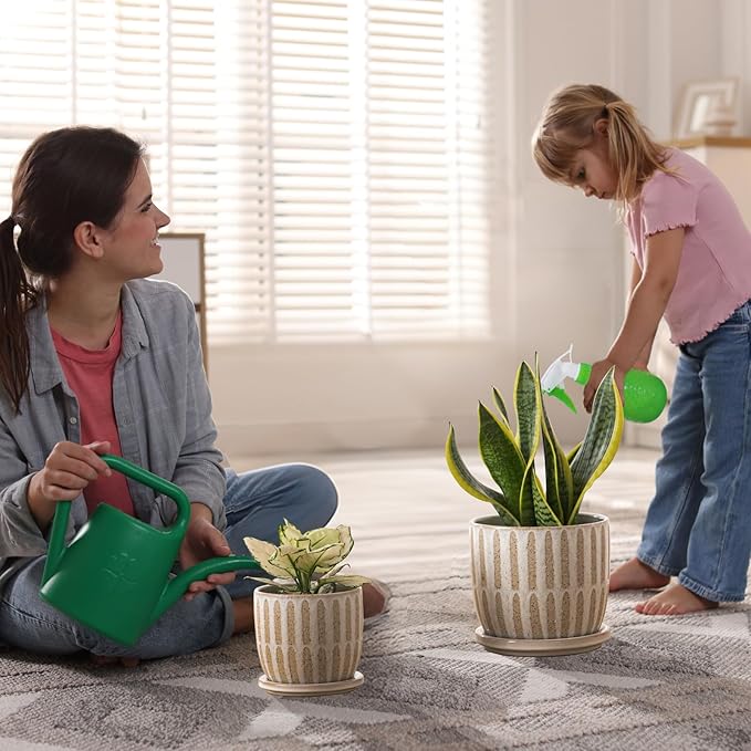 Ceramic Flower Pots Indoor-Outdoor: 7.75 Inch Large Planters with Drainage Holes & Saucer - Modern Decorative Plant Pots Ceramic for Home Gardeners (Striped)