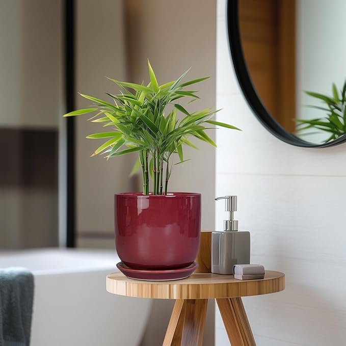 Ceramic Planter for Plants - Round Modern 7 Inch Plant Pot Indoor with Drainage Hole and Saucer, Home Patio Office Apartment Decor, Red