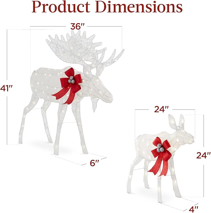 Best Choice Products 2-Piece Moose Family, Lighted Outdoor All-Weather Christmas Yard Decoration Light-Up Décor Set w/ 170 LED Lights, Ground Stakes, Zip Ties - White