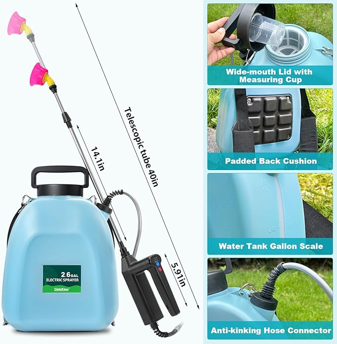 Battery Powered Backpack Sprayer, 2.6 Gallon Electric Garden Sprayer with 3 Adjustable Pressures, USB-C Charging, 5 Nozzles& 41″ Telescopic Wand for Weed Control, Pest Spray, Yard & Lawn Care