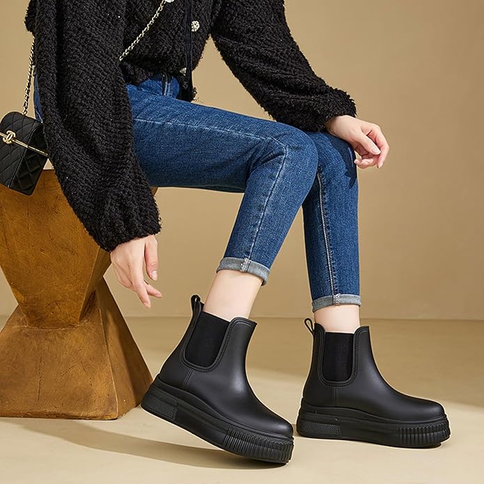 Women's PVC Chunky Platform Ankle Rain Boots Waterproof Slip On Anti-slip Chelsea Boots Comfort Wide-leg Elastic Band Outdoor Rubber Garden Work Rain Boots For Yard Farm