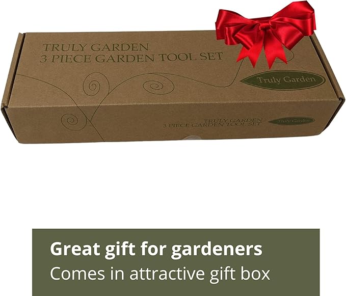 Classic 3-Piece Garden Tool Set - Durable Stainless Steel with Wood Handles. Trowel, Rake & Transplanter for Easy Digging, Weeding & Planting - by Truly Garden