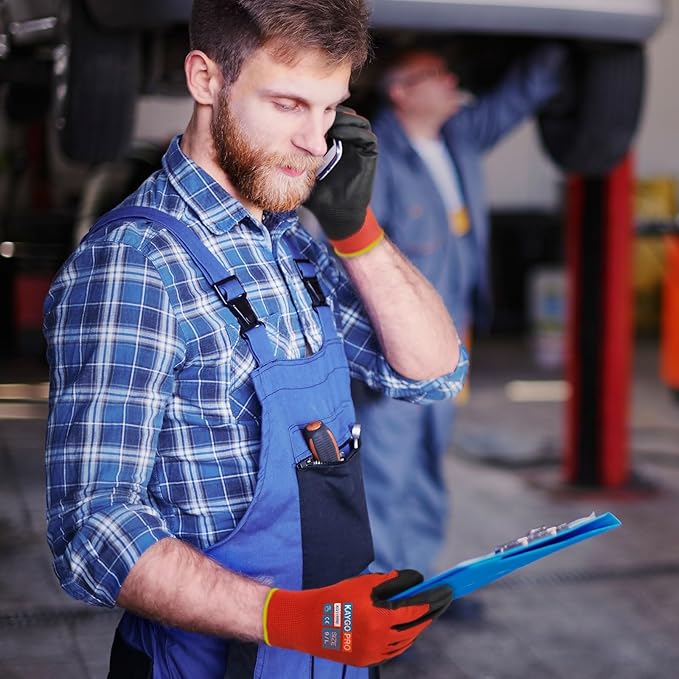 KAYGO Safety Work Gloves PU Coated for Men and Women- KG11P,12 Pairs,Seamless Knit Glove with Two Fingers Touchscreen,Ideal for General Duty Work (Red,M)