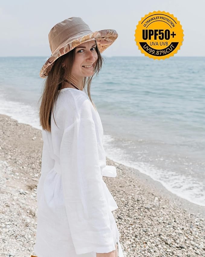 vidsel Womens Sun Hats Wide Brim Reversible Bucket Cotton Hat Packable Summer Travel Cap with Hat Clip,UV Protection